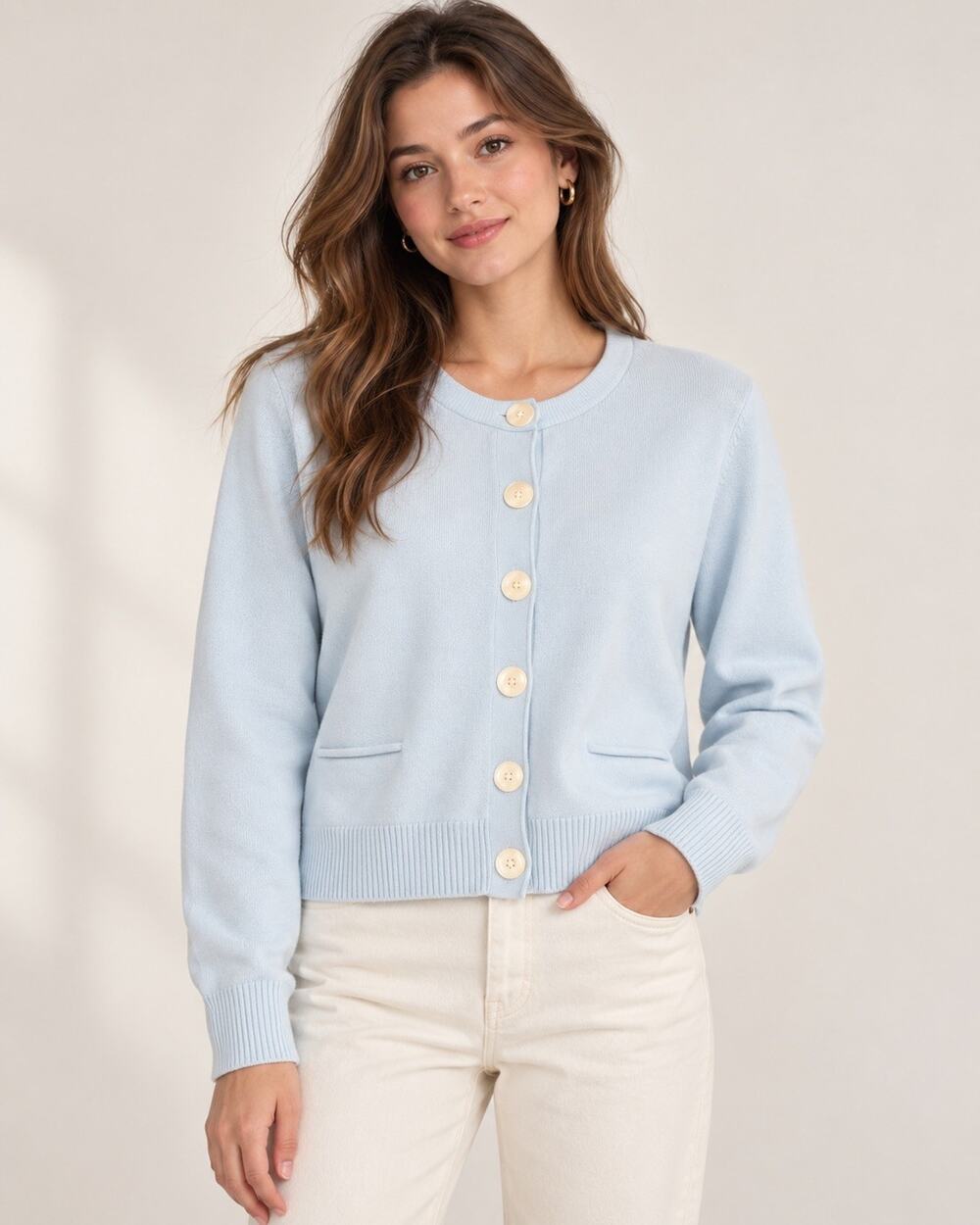 J.Jill Blue Knit Cardigan Sweater Women’s L Button Front Pockets Stretch cottage